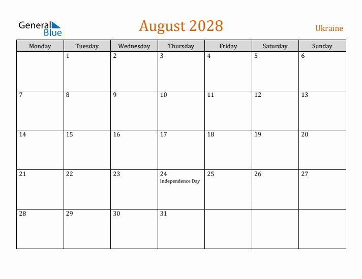 August 2028 Holiday Calendar with Monday Start