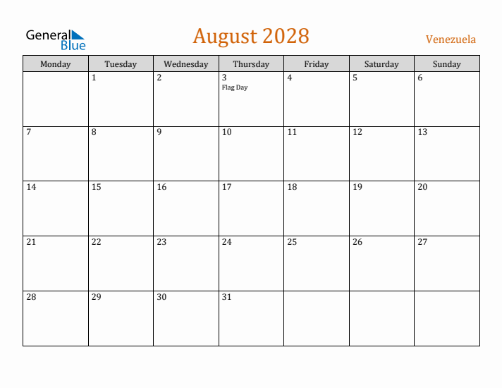 August 2028 Holiday Calendar with Monday Start