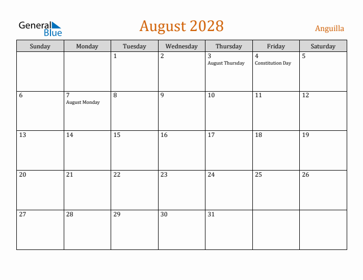 August 2028 Holiday Calendar with Sunday Start