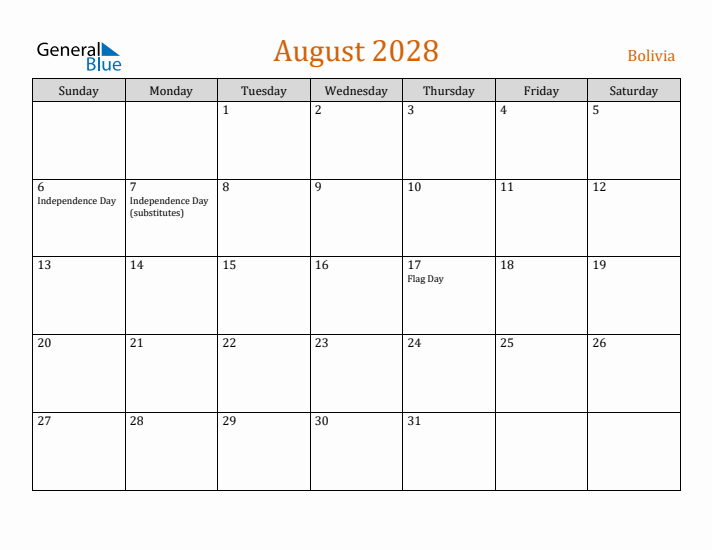 August 2028 Holiday Calendar with Sunday Start