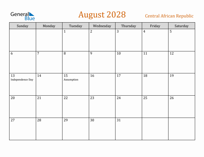 August 2028 Holiday Calendar with Sunday Start