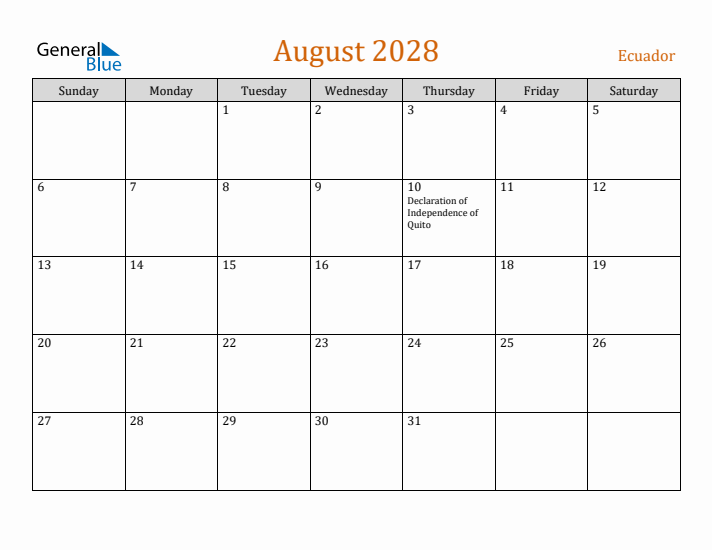 August 2028 Holiday Calendar with Sunday Start