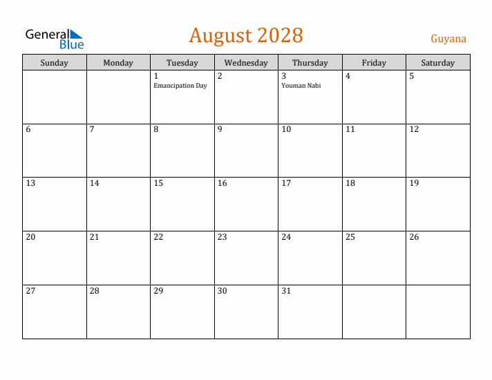 August 2028 Holiday Calendar with Sunday Start