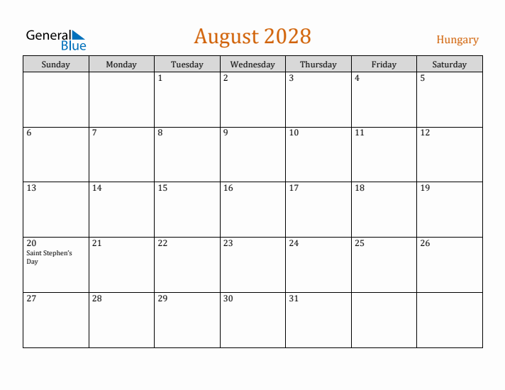 August 2028 Holiday Calendar with Sunday Start