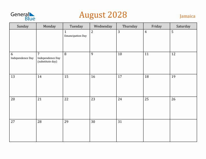 August 2028 Holiday Calendar with Sunday Start