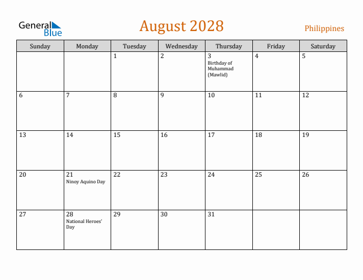 August 2028 Holiday Calendar with Sunday Start