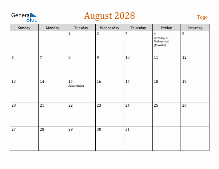 August 2028 Holiday Calendar with Sunday Start