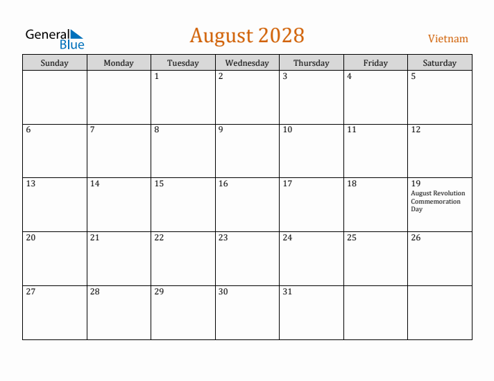 August 2028 Holiday Calendar with Sunday Start