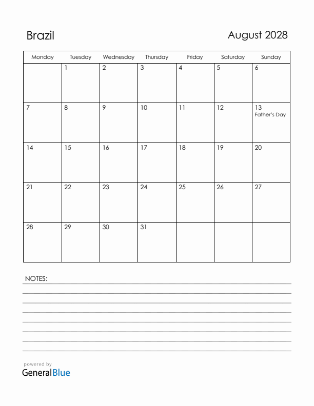 August 2028 Brazil Calendar with Holidays (Monday Start)