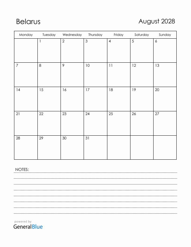 August 2028 Belarus Calendar with Holidays (Monday Start)