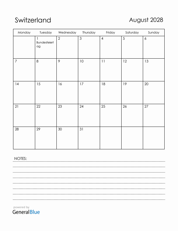 August 2028 Switzerland Calendar with Holidays (Monday Start)