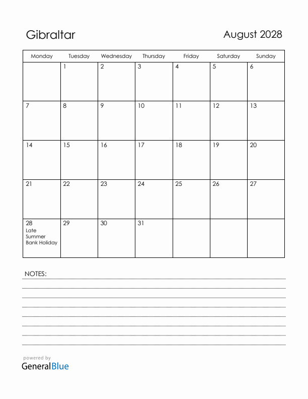 August 2028 Gibraltar Calendar with Holidays (Monday Start)