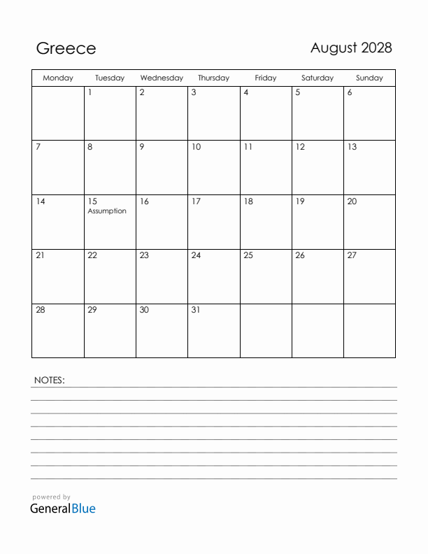 August 2028 Greece Calendar with Holidays (Monday Start)