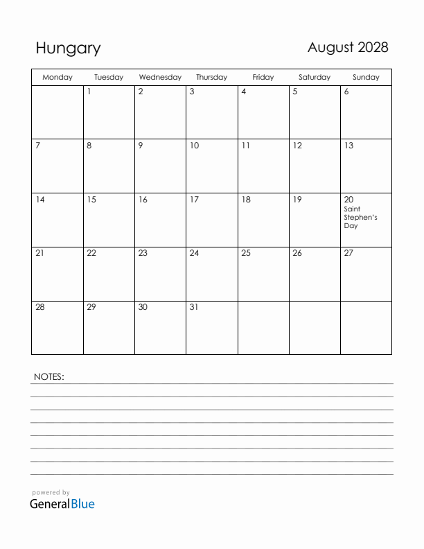 August 2028 Hungary Calendar with Holidays (Monday Start)