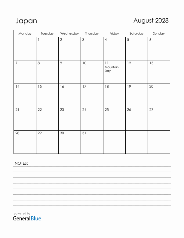 August 2028 Japan Calendar with Holidays (Monday Start)