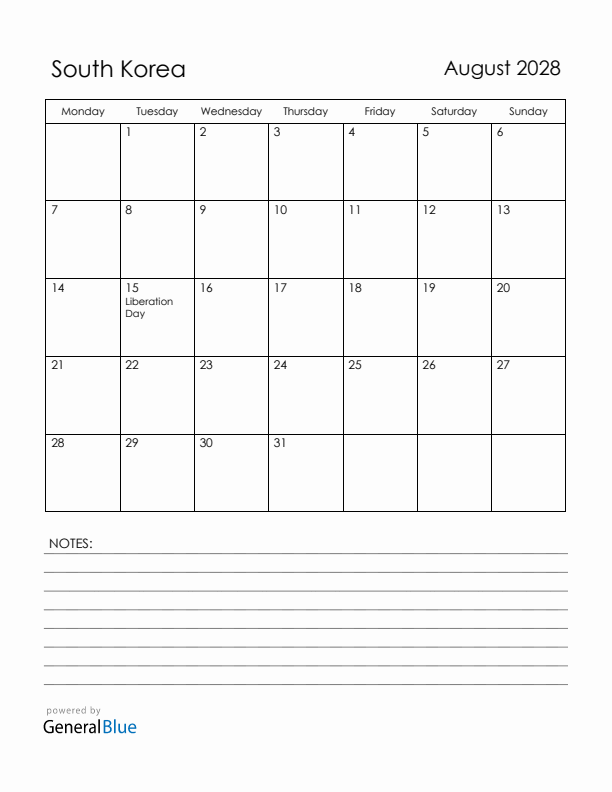 August 2028 South Korea Calendar with Holidays (Monday Start)