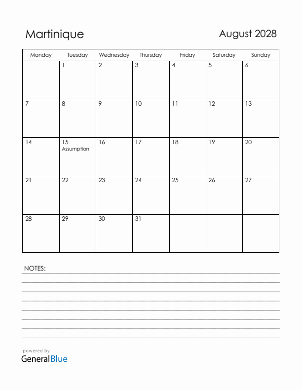 August 2028 Martinique Calendar with Holidays (Monday Start)