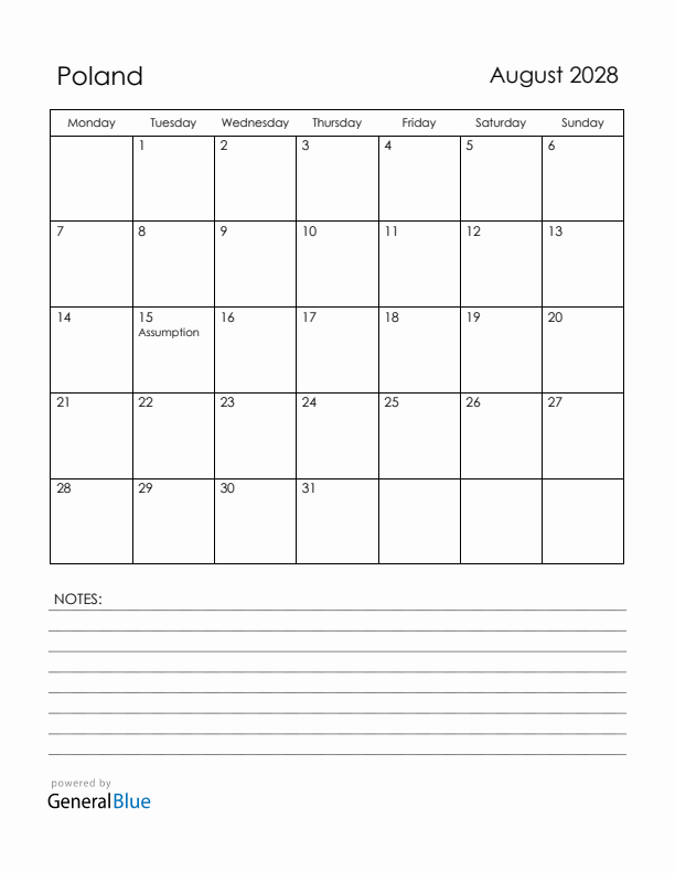 August 2028 Poland Calendar with Holidays (Monday Start)