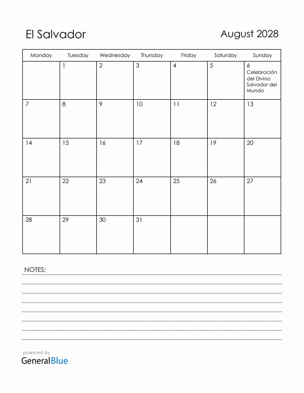 August 2028 El Salvador Calendar with Holidays (Monday Start)