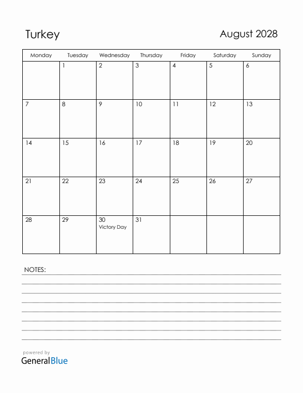 August 2028 Turkey Calendar with Holidays (Monday Start)