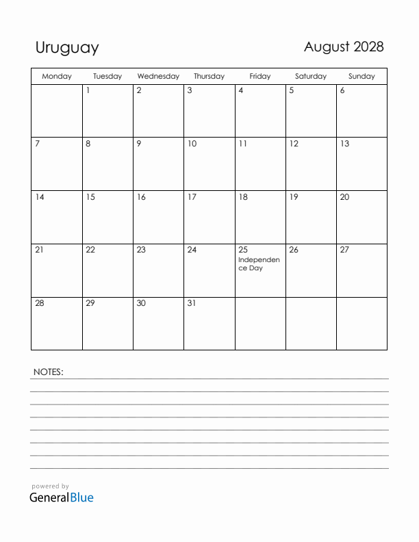 August 2028 Uruguay Calendar with Holidays (Monday Start)