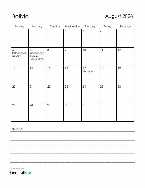 August 2028 Bolivia Calendar with Holidays (Sunday Start)