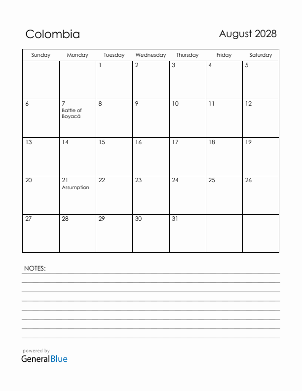 August 2028 Colombia Calendar with Holidays (Sunday Start)