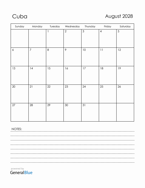 August 2028 Cuba Calendar with Holidays (Sunday Start)