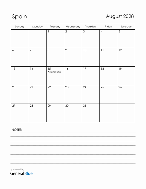 August 2028 Spain Calendar with Holidays (Sunday Start)