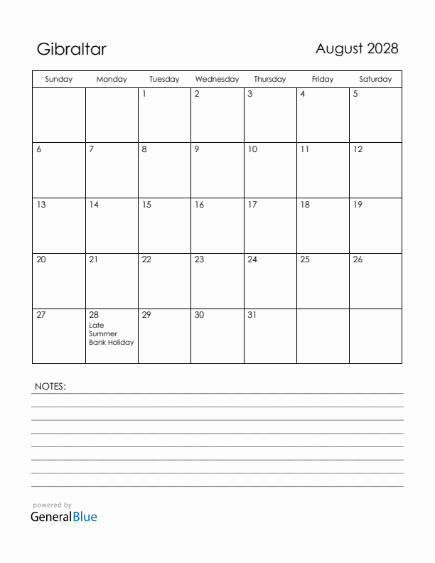 August 2028 Gibraltar Calendar with Holidays (Sunday Start)