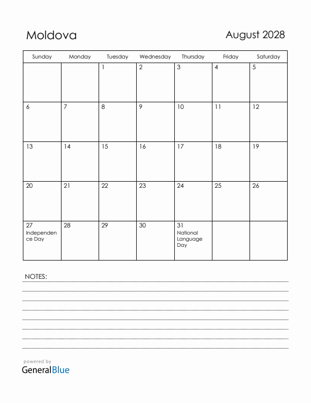 August 2028 Moldova Calendar with Holidays (Sunday Start)