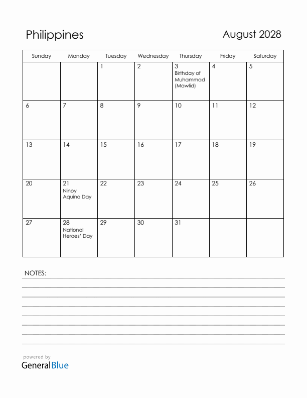 August 2028 Philippines Calendar with Holidays (Sunday Start)