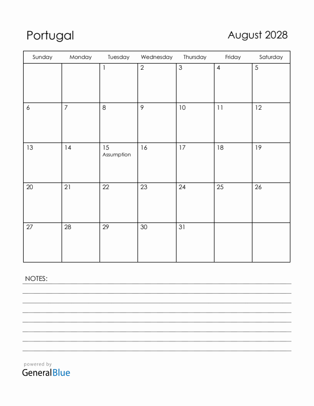 August 2028 Portugal Calendar with Holidays (Sunday Start)