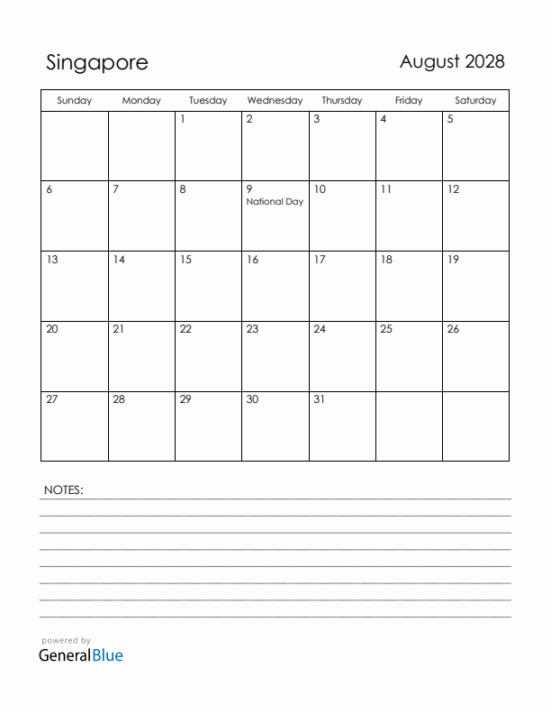 August 2028 Singapore Calendar with Holidays (Sunday Start)