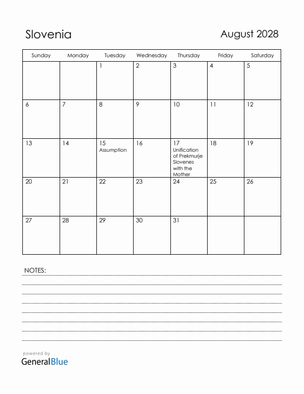 August 2028 Slovenia Calendar with Holidays (Sunday Start)