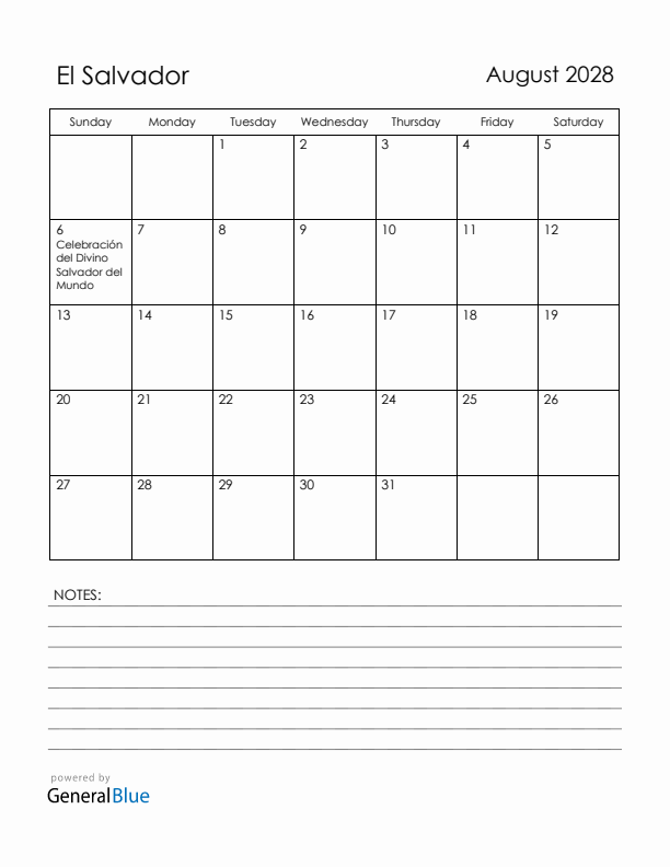 August 2028 El Salvador Calendar with Holidays (Sunday Start)