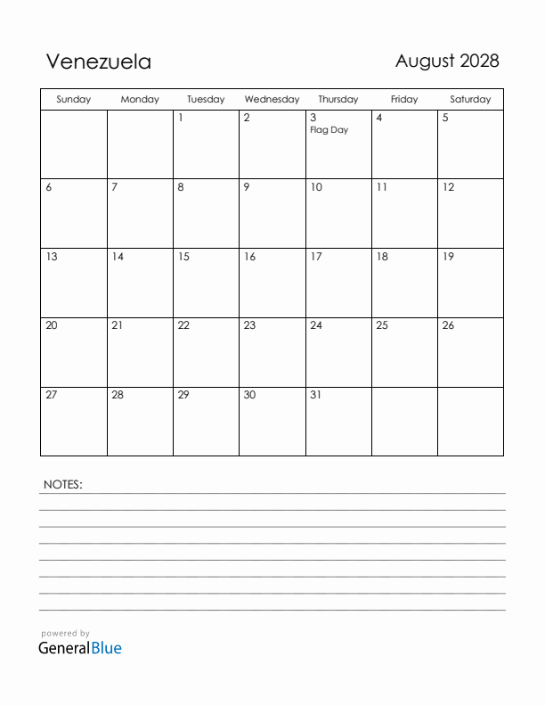 August 2028 Venezuela Calendar with Holidays (Sunday Start)