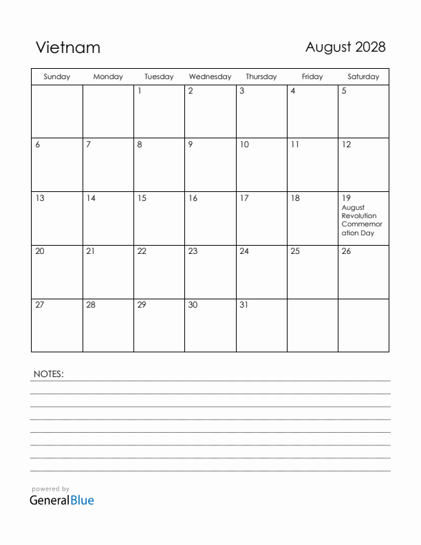 August 2028 Vietnam Calendar with Holidays (Sunday Start)