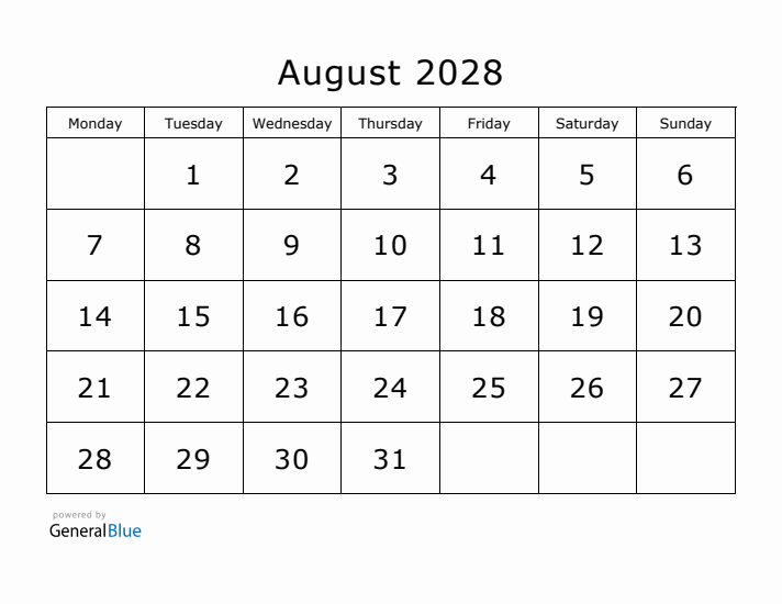 Printable August 2028 Calendar - Monday Start