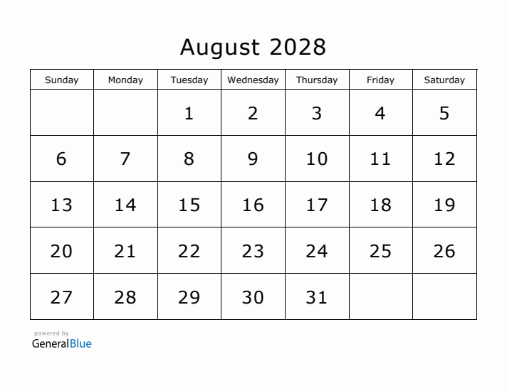 Printable August 2028 Calendar - Sunday Start