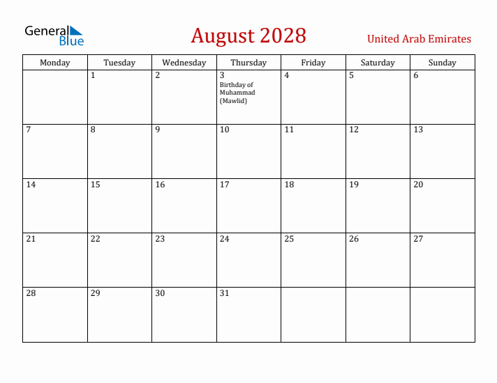 United Arab Emirates August 2028 Calendar - Monday Start