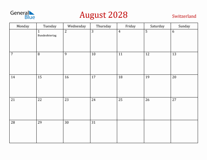 Switzerland August 2028 Calendar - Monday Start