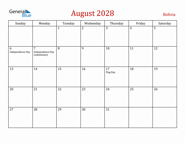 Bolivia August 2028 Calendar - Sunday Start