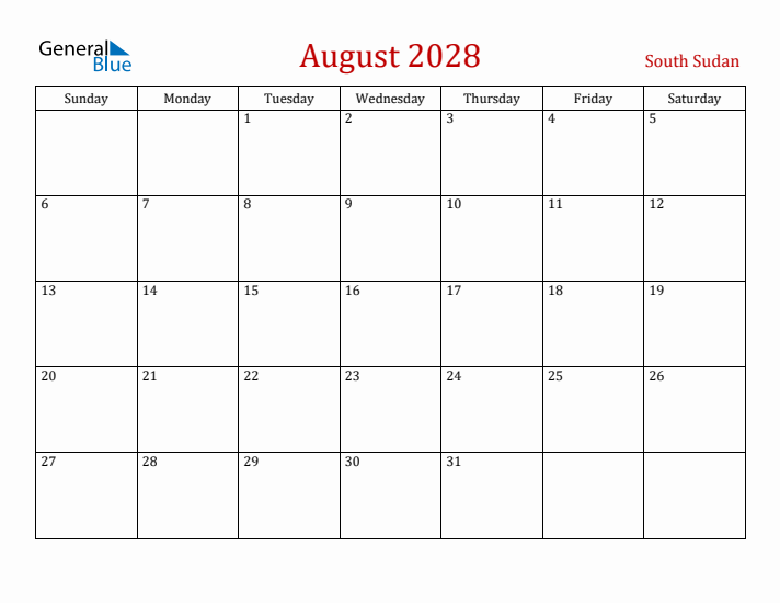 South Sudan August 2028 Calendar - Sunday Start