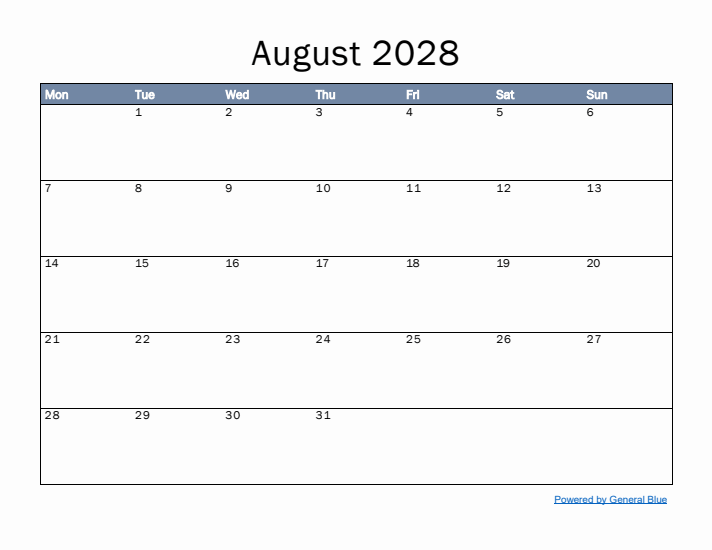 August 2028 Simple Month Calendar Template