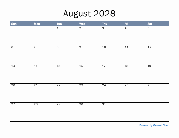 August 2028 Simple Month Calendar Template