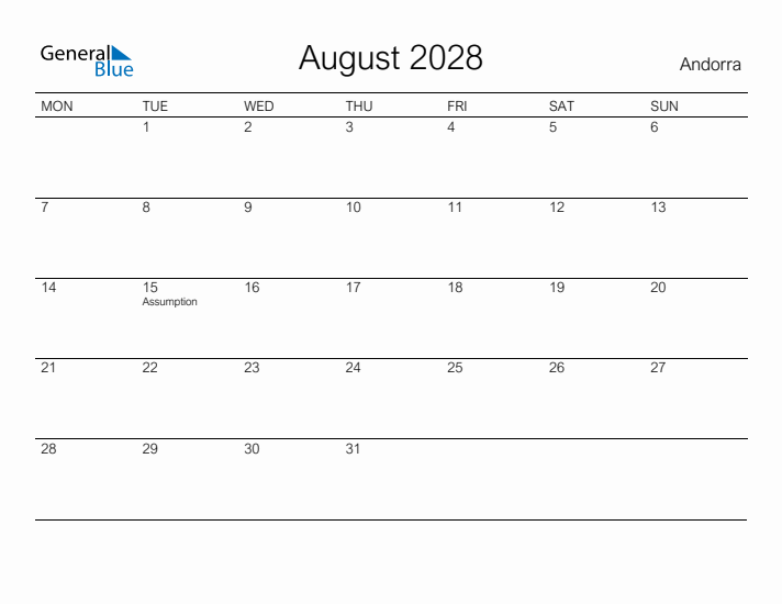 Printable August 2028 Calendar for Andorra