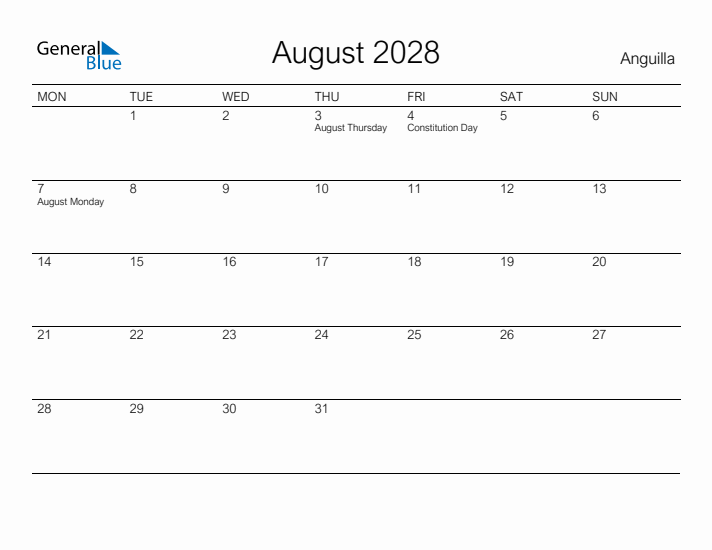 Printable August 2028 Calendar for Anguilla