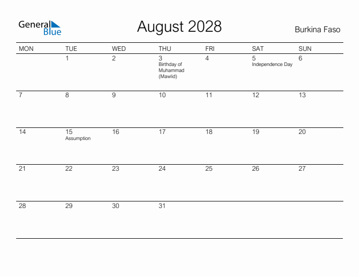 Printable August 2028 Calendar for Burkina Faso