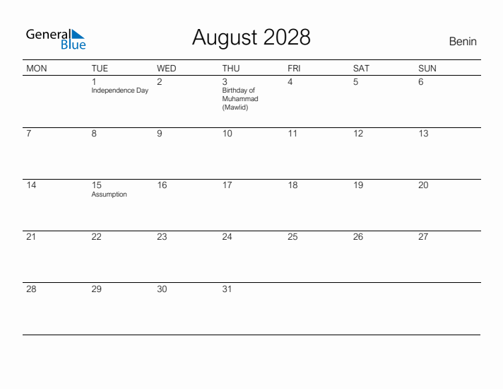 Printable August 2028 Calendar for Benin